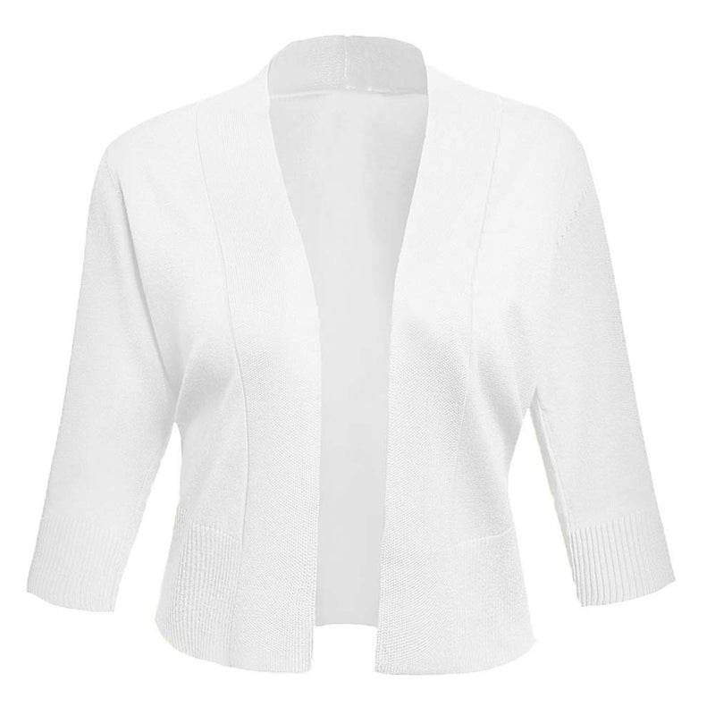 AAMILIFE Women's 3/4 Sleeve Cropped Cardigans Sweaters Jackets Open Front Short Shrugs for Dresses White S - Image 2